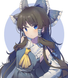 Rule 34 | 1girl, :/, absurdres, alternate color, ascot, blue bow, blue eyes, blue skirt, bow, breasts, brown hair, closed mouth, commentary, detached sleeves, frilled bow, frilled hair tubes, frills, hair bow, hair tubes, hakurei reimu, highres, kitahara (pixiv 19528441), long hair, looking at viewer, player 2, skirt, skirt set, solo, touhou, very long hair, yellow ascot