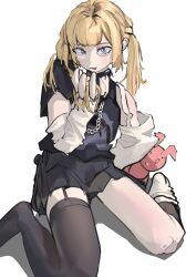 1girl absurdres blonde_hair crazy full_body hair_between_eyes highres inno_(innoamp) long_hair looking_at_viewer open_mouth original pantyhose ponytail simple_background sitting skirt smile socks solo thighhighs yami_kawaii