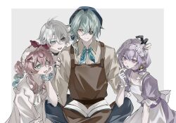 2boys alternate_hairstyle anaxa_(honkai:_star_rail) apron aqua_hair blue_hat castorice_(honkai:_star_rail) casual closed_mouth gradient_hair grey_hair hat highres honkai:_star_rail honkai_(series) hyacine_(honkai:_star_rail) medium_hair multicolored_hair multiple_boys open_mouth phainon_(honkai:_star_rail) purple_hair short_hair sitting smile thorn72132528 twintails white_apron