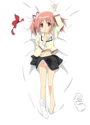 1girl :o absurdres blush highres kaname_madoka looking_at_viewer lying mahou_shoujo_madoka_magica midriff mitakihara_school_uniform navel on_bed panties panty_peek parted_lips pink_eyes pink_hair pink_panties saku_(kudrove) school_uniform short_twintails single_bare_foot single_sock skirt socks twintails underwear unworn_hair_bow unworn_socks white_socks