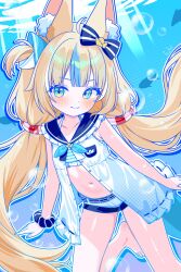 1girl absurdres animal_ears bikini bikini_under_clothes blonde_hair blue_bikini blue_eyes blue_hair blue_sailor_collar blue_scrunchie cat_ears dress fang finn_flint fins fish_girl fish_tail highres indie_virtual_youtuber lifebuoy_hair_ornament long_hair looking_at_viewer low_twintails multicolored_hair navel open_clothes open_dress sailor_collar sailor_dress sameko_saba scrunchie short_shorts shorts sleeveless sleeveless_dress smile solo streaked_hair striped_bikini striped_clothes swimsuit tail twintails very_long_hair virtual_youtuber white_dress white_shorts