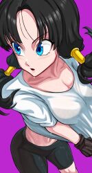 1girl bike_shorts black_hair blue_eyes blush breasts cleavage collarbone dragon_ball dragonball_z fingerless_gloves gloves highres large_breasts long_hair shirt sweat takundraws toned twintails videl white_shirt