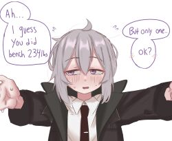 1girl black_necktie blush brown_jacket collared_shirt english_text girls&#039;_frontline grey_hair highres incoming_hug jacket m200_(girls&#039;_frontline) necktie outstretched_arms purple_eyes shirt smart_oval solo speech_bubble sweat white_shirt