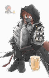 Rule 34 | 1girl, arknights, beer mug, black gloves, black jacket, brown eyes, brown hair, commentary, copyright notice, covered mouth, crownslayer (arknights), cup, full body, gloves, grey background, hair between eyes, highres, hood, hood up, hooded jacket, hugging own legs, inset, jacket, knees to chest, mask, mouth mask, mug, ninja mask, official art inset, ronsudsud, short hair, simple background, sitting, sketch, solo, symbol-only commentary, tearing up