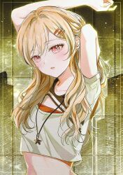 Rule 34 | 0202ase, 1girl, arms up, blonde hair, crop top, hair ornament, hairclip, highres, jewelry, long hair, looking at viewer, midriff, navel, necklace, parted lips, pink eyes, project sekai, red eyes, shirt, short sleeves, solo, tenma saki, upper body, white shirt