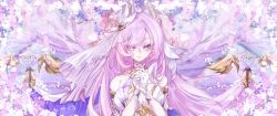 1girl absurdres artist_name bell breasts cherry_blossoms chinese_commentary commentary_request corset diamond-shaped_pupils diamond_(shape) elysia_(herrscher_of_human:_ego)_(honkai_impact) elysia_(honkai_impact) falling_petals gloves happy_birthday highres honkai_(series) honkai_impact_3rd large_breasts long_hair petals pink_hair purple_eyes solo su_you symbol-shaped_pupils upper_body veil very_long_hair white_corset white_gloves white_veil