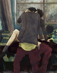 Rule 34 | 2boys, desk, doumeki shizuka, leg lift, male focus, multiple boys, pants around one leg, watanuki kimihiro, window, xxxholic, yaoi