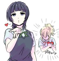 Rule 34 | 2girls, asaka karin, black hair, black sweater vest, blonde hair, blowing kiss, blue shirt, blunt bangs, blurry, blush, breasts, clutching chest, collared shirt, commentary, diverdiva, dress shirt, faceless, faceless female, green ribbon, hands on own chest, heart, heart attack, love live!, love live! nijigasaki high school idol club, medium breasts, medium hair, miyashita ai, multiple girls, neck ribbon, nijigasaki school uniform, parted lips, pink ribbon, ponytail, ribbon, school uniform, shirt, short sleeves, sidelocks, simple background, solllolll, summer uniform, sweater vest, symbol-only commentary, white background, yuri