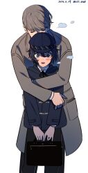 1boy 1girl artist_name blue_eyes blue_hair blush coat grey_coat grey_hair hat highres hug hug_from_behind lcs_0209 narukami_yu persona persona_4 shirogane_naoto short_hair signature twitter_username