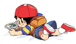 bad_tag black_hair child gaming_magazine hat lying magazine_(object) mother_(series) mother_2 ness_(mother_2) nintendo on_stomach reading red_hat shirt shoes shorts shota smile socks striped_clothes striped_shirt super_smash_bros. underwear
