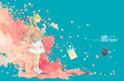 1girl 2020 bag barcode blue_background camera cd cherry_blossoms closed_mouth commentary_request dots earphones flower full_body green_hair holding holding_earphones long_hair long_sleeves nengajou new_year original petals pink_flower ponytail puffy_long_sleeves puffy_sleeves qr_code shirt shoes single_earphone_removed skirt sneakers socks solo speaker standing sweater white_shoes white_skirt yori_(f2_ef7)