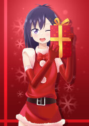 Rule 34 | 1girl, bakasandess, belt, bow, christmas, dot nose, dress, facing viewer, feet out of frame, female focus, gabriel dropout, gift, highres, holding, holding present, medium hair, one eye closed, open mouth, purple eyes, purple hair, santa costume, santa dress, snowflakes, solo, standing, vignette tsukinose april