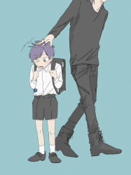 &gt;_o 2boys absurdres ankle_boots ankle_socks backpack bag black_bag black_pants black_shirt black_shoes black_shorts blue_background boots child collared_shirt crime_prevention_buzzer dual_persona full_body head_out_of_frame headpat highres hypnosis_mic lace-up_boots light_blush loafers long_sleeves male_focus motion_lines multiple_boys one_eye_closed open_mouth pants parted_bangs parted_lips purple_hair randoseru red_eyes shirt shirt_tucked_in shoes short_hair shorts simple_background skinny_jeans socks standing time_paradox tsutsujimori_rosho user_pusn4344 walking white_shirt zipper