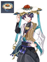 1boy adapted_costume animal_print aqua_sleeves asymmetrical_sleeves belt bird_print black_belt black_bodysuit black_bow black_hair black_pants black_sleeves blue_hat blunt_ends bodysuit bow bright_pupils brown_shawl burumiru closed_mouth clothing_cutout eel eyeliner eyeshadow feathers furisode game_screenshot_inset genshin_impact gold hakama hakama_pants hand_on_own_hip hand_up hat highres japanese_clothes jingasa kettle kimono layered_sleeves long_sleeves looking_at_viewer makeup male_focus mandarin_collar nori_(seaweed) pants pom_pom_(clothes) purple_eyes purple_sash red_eyeliner red_eyeshadow rice sash scaramouche_(genshin_impact) see-through_clothes see-through_shawl shawl shimi_chazuke_(genshin_impact) short_sleeves shoulder_cutout solo split_mouth string tassel tasuki tsurime wanderer_(genshin_impact) white_background white_pupils white_sleeves white_trim wispy_bangs yellow_feathers