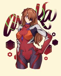 1girl :&lt; artist_request blue_eyes bodysuit breasts brown_hair cowboy_shot curvy eyepatch hand_on_own_hip highres long_hair looking_at_viewer mecha_pilot_suit neon_genesis_evangelion plugsuit_(evangelion) rebuild_of_evangelion red_bodysuit simple_background solo souryuu_asuka_langley standing tsundere very_long_hair wide_hips