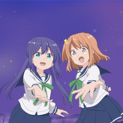 Rule 34 | 2girls, artist request, blue eyes, blue hair, blue sailor collar, blue skirt, collarbone, feet out of frame, female focus, hair between eyes, hair ornament, koisuru asteroid, konohata mira, long hair, long sleeves, looking at viewer, manaka ao, multicolored eyes, multiple girls, night, night sky, open mouth, orange hair, outdoors, reaching, reaching towards viewer, ribbon, sailor collar, school uniform, serafuku, shirt, short hair, skirt, sky, standing, star (symbol), star hair ornament, white shirt