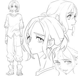 1girl blush full_body gloves gundam gundam_gquuuuuux haun looking_at_viewer monochrome multiple_views pants ponytail shirt shoes short_hair shuji_ito simple_background solo sweatdrop t-shirt white_background