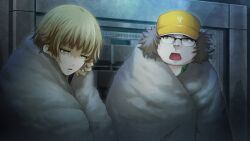 Rule 34 | 1boy, 1girl, amane suzuha, amane suzuha (beta), baseball cap, black jacket, blue jacket, blue track suit, braid, brown hair, collared shirt, constricted pupils, cropped jacket, depressed, fat, fat man, father and daughter, frown, fur blanket, game cg, green eyes, green shirt, hair rings, hashida itaru, hat, high collar, highres, huke, indoors, jacket, jacket over jacket, leather, leather jacket, looking at another, looking down, midriff, non-web source, official art, open collar, open mouth, ringed eyes, shaded face, shirt, steins;gate, steins;gate 0, surprised, talking, tongue, track jacket, track suit, twin braids, twintails, wrapped in blanket, yellow eyes, yellow hat