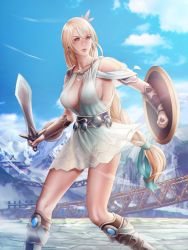 Rule 34 | 1girl, audia pahlevi, blonde hair, blonde twist, breasts, cleavage, elk shield, female focus, gladiator sandals, goddess bracelet, goddess guards, goddess headdress, goddess robe, highres, namco, omega sword, ruins, sandals, shield, solo, sophitia alexandra, soul calibur, soulcalibur, soulcalibur iv, sword, weapon