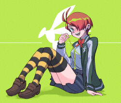 Rule 34 | 1girl, antenna hair, boku no hero academia, bow, brown hair, brown shoes, earbuds, earphones, earrings, eyepatch, full body, green background, green eyes, green jacket, hachisuka kuin, hair over one eye, highres, jacket, jewelry, long sleeves, looking at viewer, olivetart, red bow, sharp teeth, shoes, short hair, sitting, skirt, striped clothes, striped thighhighs, stud earrings, teeth, thighhighs, vigilante -boku no hero academia: illegals-, wasp