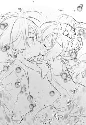 1boy 1girl armlet bloomers blunt_ends blush bubble closed_eyes couple detached_sleeves dress eyelashes face-to-face from_side genshin_impact hand_on_another&#039;s_neck hetero highres hirarinoie japanese_clothes jewelry kimono kiss long_hair looking_at_another monochrome nahida_(genshin_impact) outstretched_arms parted_bangs scaramouche_(genshin_impact) short_sleeves side_ponytail sidelocks single_bare_shoulder sketch submerged surprise_kiss surprised underwater underwear wanderer_(genshin_impact) white_background wide-eyed