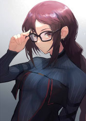 Rule 34 | 1girl, arm strap, black dress, blue dress, braid, braided ponytail, breasts, brown eyes, brown hair, center opening, dress, earrings, fate/grand order, fate (series), glasses, grey dress, highres, jewelry, layered dress, long hair, long sleeves, medium breasts, miyamoto satoru, multiple earrings, ribbed dress, ribbon-trimmed dress, ribbon trim, single braid, solo, very long hair, yu mei-ren (fate), yu mei-ren (first ascension) (fate)