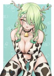 1girl alternate_costume animal_print antlers arm_between_breasts asymmetrical_bangs bare_shoulders bell between_breasts bikini black_choker blush braid braided_bangs breasts ceres_fauna choker cleavage collarbone cow_print cow_print_bikini cow_print_gloves cow_print_sleeves cow_print_thighhighs cowbell earrings floating_earring from_above gloves gradient_hair hair_over_eyes hair_petal highres hololive hololive_english horns jewelry large_breasts leaning_forward lipstick makeup mole mole_under_eye multicolored_hair navel print_bikini print_gloves print_thighhighs simple_background skindentation solo swimsuit thighhighs virtual_youtuber watermark wide_hips yafatguy yellow_eyes