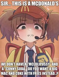 1girl absurdres anger_vein annoyed artist_logo artist_name back_bow badge black_necktie blunt_bangs bow brown_hair button_badge commentary cunny_(meme) disgust imadake_dabuchi_tabemi empty_eyes english_commentary english_text grey_eyes hat headset highres impact_(font) kanniguma logo looking_at_viewer mcdonald&#039;s meme necktie orange_background parted_lips red_hat shirt short_hair simple_background solo standing striped_clothes striped_shirt twintails upper_body vertical-striped_clothes vertical-striped_shirt visor_cap white_shirt wing_collar yellow_happi