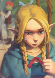 1boy 1girl absurdres bad_id bad_pixiv_id blonde_hair blurry braid chilchuck_tims choker depth_of_field dungeon_meshi elf highres long_hair looking_at_viewer marcille_donato marushiru pointy_ears shadowzsss staff sweatdrop tirchac_(dungeon_meshi) twin_braids