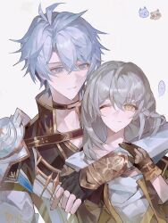 Rule 34 | 1boy, 1girl, ;), ahoge, armor, black gloves, blue eyes, coat, commentary, couple, dog, dsm (fandingyao), fingerless gloves, gloves, grey hair, heart, hetero, honkai: star rail, honkai (series), medium hair, one eye closed, pauldrons, phainon (honkai: star rail), raccoon, shirt, short hair, shoulder armor, simple background, single pauldron, smile, spoken heart, stelle (honkai: star rail), symbol-only commentary, trailblazer (honkai: star rail), white background, white coat, white hair, white shirt, yellow eyes