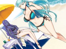2girls aqua_hair barefoot beach bikini breasts cleavage emilie_du_chatelet florence_ameghino_nightingale game_cg liarsoft long_hair multiple_girls ourai_no_gahkthun purple_hair steampunk_(liarsoft) swimsuit umbrella water