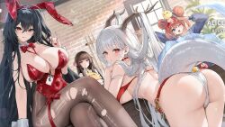 animal_ears azur_lane black_hair bow breasts gallant_(azur_lane) gallant_(express-ive_delivery)_(azur_lane) highres large_breasts leotard manjuu_(azur_lane) official_alternate_costume official_art pantyhose rabbit_ears red_eyes shimanto_(azur_lane) shimanto_(the_relaxing_dragon_god)_(azur_lane) taihou_(azur_lane) taihou_(fun_on_the_baize)_(azur_lane) third-party_source torn_clothes torn_pantyhose trinidad_(azur_lane) white_hair