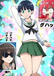 3girls ^^^ alternate_costume amate_yuzuriha aqua_eyes arm_behind_head backlighting black_hair black_neckerchief blouse blunt_bangs clapping closed_mouth colorful_background commentary constricted_pupils crossover dress_shirt earrings expressionless girls_und_panzer gloom_(expression) green_skirt highres inset jewelry long_hair long_sleeves looking_at_viewer midriff_peek miniskirt multiple_girls navel neckerchief nervous_sweating nishizumi_shiho omachi_(slabco) ooarai_school_uniform open_mouth pleated_skirt red_hair sailor_collar school_uniform serafuku shirt short_hair skirt smile sparkle standing sunglasses sweat tamaki_yuzuriha translated vomiting_blood white_sailor_collar white_shirt
