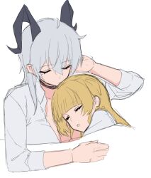 2girls absurdres blonde_hair breasts closed_eyes commentary cuddling grey_hair hashtag-only_commentary highres horns large_breasts lhuwrya4ei45234 long_hair long_sleeves mole mole_under_eye multiple_girls open_clothes open_shirt parted_lips phoebe_(wuthering_waves) shirt simple_background sleeping sleeping_on_person under_covers white_background white_shirt wuthering_waves yuri zani_(wuthering_waves)
