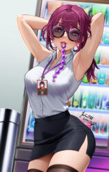 anal_beads armpits arms_behind_head ass black_thighhighs blush breasts collared_shirt eyebrows_hidden_by_hair high-waist_skirt highres honkai:_star_rail honkai_(series) id_card kafka_(honkai:_star_rail) large_breasts lips medium_breasts mouth_hold office_lady pencil_skirt presenting_armpit purple_eyes purple_hair sex_toy shirt skirt sleeveless sunglasses sweat thighhighs thighs vending_machine white_shirt yoru_no_kage88