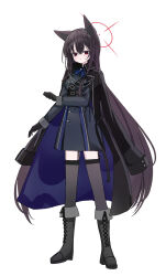 Rule 34 | 1girl, alternate costume, animal ear fluff, animal ears, black boots, black dress, black gloves, black hair, black jacket, black thighhighs, blue archive, blue ribbon, blush, boots, crossed bangs, dress, fox ears, fox girl, gloves, halo, highres, inaba reito, jacket, jacket on shoulders, knee boots, long hair, looking at viewer, parted lips, red eyes, red halo, ribbon, solo, thighhighs, yukino (blue archive)