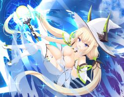 1girl absurdres blonde_hair blue_eyes braid breasts cleavage detached_collar ether_(starward) hair_between_eyes hat headpiece highres holding holding_staff large_breasts leotard long_hair low_twintails open_mouth smile solo staff starward thighhighs twintails user_tdyy5232 very_long_hair white_hat white_leotard white_thighhighs witch witch_hat