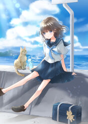 1girl blue_bag blue_eyes blue_neckerchief blue_sailor_collar blue_skirt blue_sky blurry bokeh bottle brown_hair brown_shoes cat charm_(object) cloud commentary_request depth_of_field highres holding holding_bottle hoshiibara_mato looking_at_viewer medium_hair neckerchief no_socks original pleated_skirt ramune sailor_collar school_uniform shirt shoes sitting skirt sky solo summer water white_shirt