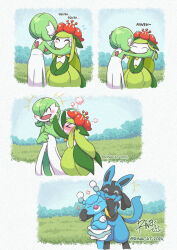&gt;_&lt; +++ 1boy 2girls ^_^ anger_vein animal_ears animal_nose arms_up artist_name black_fur blue_fur blue_sky blush bob_cut body_fur border brionne cheek_pull closed_eyes colored_skin comic crossed_arms day embarrassed english_text flat_chest flower flying_sweatdrops from_behind furry furry_male gardevoir gen_3_pokemon gen_4_pokemon gen_5_pokemon gen_7_pokemon grass green_hair green_skin hair_flower hair_ornament hair_over_one_eye hands_on_another&#039;s_cheeks hands_on_another&#039;s_face hands_up happy hitting leaning_forward lilligant long_hair lucario monster_girl motion_lines multicolored_fur multicolored_skin multiple_girls multiple_views nintendo no_mouth nose_blush one_eye_covered open_mouth outdoors outside_border own_hands_together plant_girl pokemon pokemon_(creature) profile puff_of_air red_flower rina_cat short_hair sidelocks signature sky smile snout standing tail twitter_username two-tone_skin v-shaped_eyebrows v_arms watermark white_border white_skin wolf_boy wolf_ears wolf_tail yellow_fur