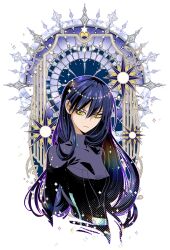 1girl closed_mouth commentary_request gundam gundam_gquuuuuux hair_between_eyes highres light_frown long_hair nyaan_(gundam_gquuuuuux) nyan_co3 purple_hair solo stained_glass turtleneck upper_body window yellow_eyes