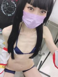 1girl artist_request asian bikini black_hair blue_bikini breasts brown_eyes cosplay fingerless_gloves gloves hair_ribbon highres japanese_clothes legs long_hair looking_at_viewer mask nakoruru navel ribbon samurai_spirits small_breasts snk solo source_request squatting swimsuit the_king_of_fighters thighs