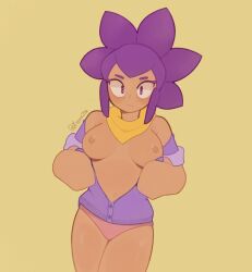 1girl bare_shoulders brawl_stars breasts closed_mouth jacket looking_at_viewer naked_jacket non-web_source panties pink_panties purple_hair purple_jacket shelly_(brawl_stars) simple_background solo supercell_(band) underwear xyraabs