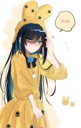 1girl ado_(utaite) animal_ear_hood animal_ears black_bow black_bowtie black_hair blue_eyes blue_flower blue_rose blush bow bowtie chando_(ado) closed_mouth colored_inner_hair commentary dress fake_animal_ears flower highres hood long_hair looking_at_viewer mole mole_under_eye multicolored_hair rose shoko_(gs_music11) sidelocks solo spoken_blush symbol-only_commentary three-quarter_sleeves utaite yellow_dress