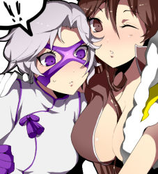 ! !! 00s 2girls bad_id bad_pixiv_id blush breasts brown_eyes brown_hair genderswap genderswap_(mtf) grey_hair komekei large_breasts maeda_keiji maeda_keiji_(sengoku_basara) mask medium_breasts multiple_girls one_eye_closed purple_eyes sengoku_basara sweatdrop takenaka_hanbee_(sengoku_basara) wink yuri