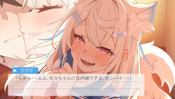 1boy 1girl animal_ear_fluff animal_ears aobara_hairi blonde_hair blue_hair blurry blurry_background blush breasts cleavage dialogue_box dog_ears dog_girl finger_to_mouth fuwawa_abyssgard highres hololive hololive_english indoors kiss large_breasts multicolored_hair open_mouth pink_hair shirt solo_focus streaked_hair two-tone_hair upper_body virtual_youtuber white_shirt