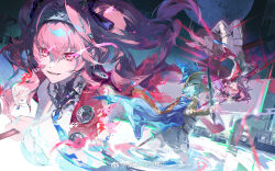 Rule 34 | 2girls, armor, blue hair, bodysuit, boots, breastplate, breasts, character request, chinese commentary, collar, commentary request, hair between eyes, hairband, helmet, highres, holding, holding polearm, holding sword, holding weapon, knight, long hair, lupa (wuthering waves), medium breasts, metal collar, metal hairband, multiple girls, multiple views, open mouth, pink hair, polearm, qingming tiaohetu, red sash, ripples, sash, smile, sword, tail, thigh boots, weapon, white bodysuit, white boots, wolf tail, wrist guards, wuthering waves