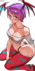 Rule 34 | alternate breast size, animal print, ass, bat print, bat wings, blush, breasts, cleavage, darkstalkers, demon girl, head wings, highleg, highleg panties, highres, lilith (darkstalkers), medium breasts, panties, panty straps, purple hair, ribosoma 42, short hair, sweat, underwear, wings