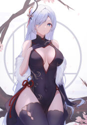 1girl absurdres alternate_costume bare_shoulders black_collar black_dress black_gloves black_thighhighs blue_eyes breasts bright_pupils center_opening collar commentary covered_navel cowboy_shot dress eyes_visible_through_hair feather_boa genshin_impact gloves hair_ornament hair_over_one_eye hand_on_own_chest highres large_breasts looking_at_viewer pelvic_curtain pisuke_(user_kcmh2774) shenhe_(genshin_impact) signature sitting solo thighhighs thighs white_hair white_pupils