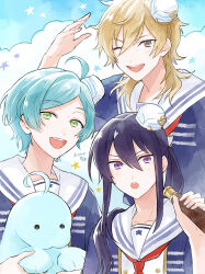 3boys :d :o ahoge anchor_symbol aqua_hair blonde_hair blue_shirt blue_sky buttons chain cloud collarbone dixie_cup_hat ensemble_stars! gold_chain green_eyes hair_between_eyes hair_intakes hair_over_shoulder hakaze_kaoru hat highres holding holding_stuffed_toy kanzaki_souma long_hair looking_at_viewer male_focus military_hat mini_hat multiple_boys neckerchief open_mouth parted_bangs purple_eyes purple_hair red_neckerchief sailor_collar salute shinkai_kanata shirt sidelocks sky smile star_(symbol) stuffed_manatee stuffed_toy teeth upper_teeth_only user_vafc2547 v-shaped_eyebrows white_hat white_sailor_collar yellow_eyes