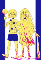 Rule 34 | 1boy, 1girl, ^ ^, absurdres, aubrey (headspace) (omori), aubrey (omori), bailan1130, ball, barefoot, baseball bat, blood, blood on clothes, blood on face, blood on ground, blood on hands, blood on leg, bloody weapon, bow, bra strap, closed eyes, double-parted bangs, hair bow, highres, holding, holding baseball bat, index finger raised, kel (headspace) (omori), kel (omori), limited palette, long hair, long shirt, omori, open mouth, shirt, short hair, short sleeves, shorts, smile, t-shirt, tank top, weapon